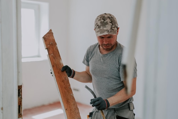 Ein Mann arbeitet mit einer Brechstange in einer Türöffnung