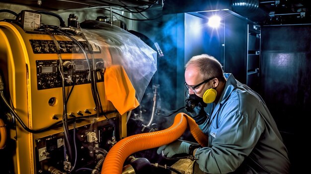 Ein Mann arbeitet mit einer Gasmaske an einem Motor.