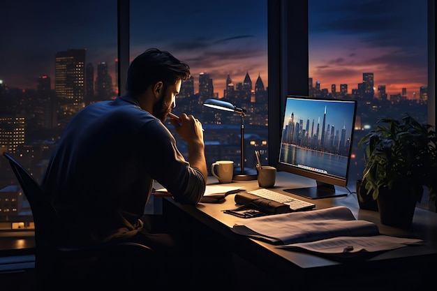 Ein Mann arbeitet spät in der Nacht, um einen Finanzbericht zu vervollständigen