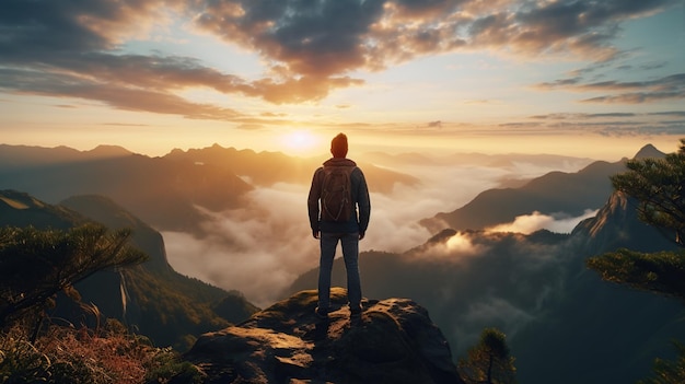 ein Mann auf dem Gipfel eines Berges mit Blick auf Wolken und Sonnenaufgang