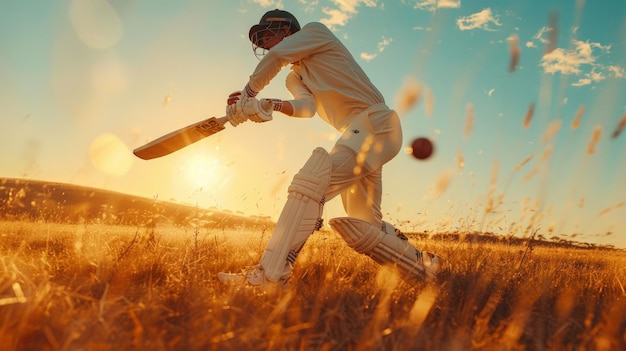 ein Mann auf einem Feld mit einem Cricket-Schläger und der Sonne hinter ihm
