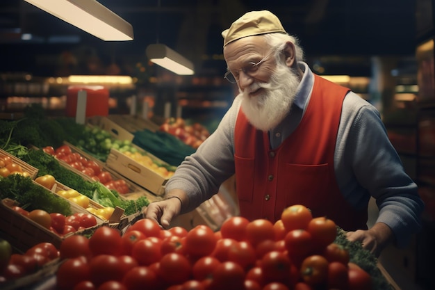 Ein Mann auf einem Markt mit Tomaten und einer roten Weste