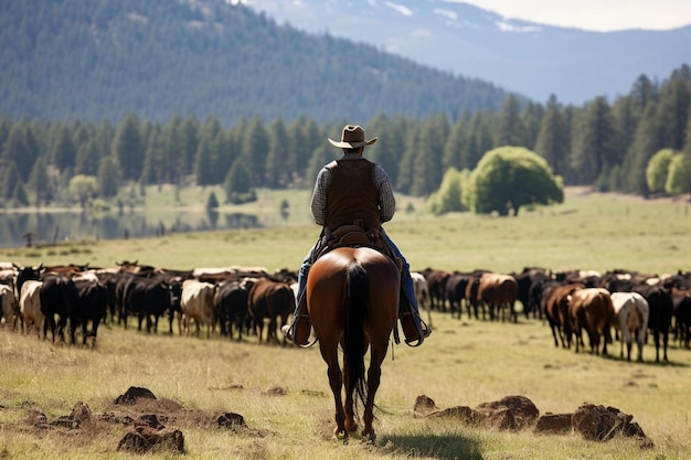 ein Mann auf einem Pferd führt eine Herde Kühe