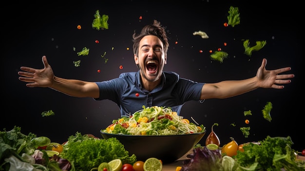 Foto ein mann auf einem salat-hintergrund, der fröhlichkeit und optimismus symbolisiert