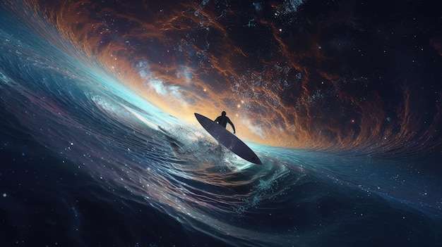 Ein Mann auf einem Surfbrett surft auf einer Welle.