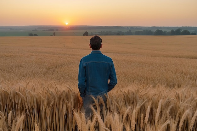 Ein Mann auf einem Weizenfeld schaut auf den Sonnenuntergang