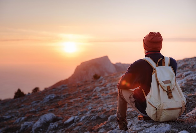 Ein Mann auf einer Klippe in den Frühlingsbergen bei Sonnenuntergang und mit Blick auf die Natur