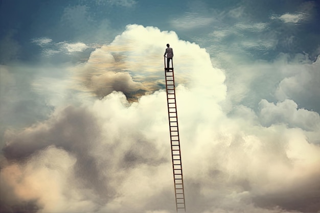Ein Mann auf einer Leiter in den Wolken blickt in den Himmel. Generative KI