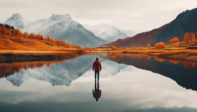 Ein Mann auf einer Winterwanderung vor der Kulisse der Berge