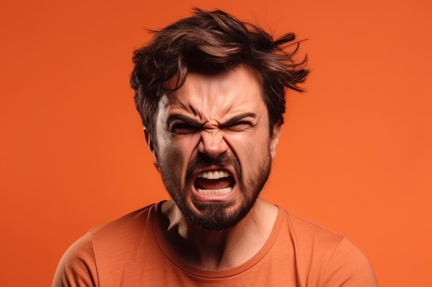 ein Mann auf einfarbigem Hintergrund Fotoshooting mit Wutgesichtsausdruck