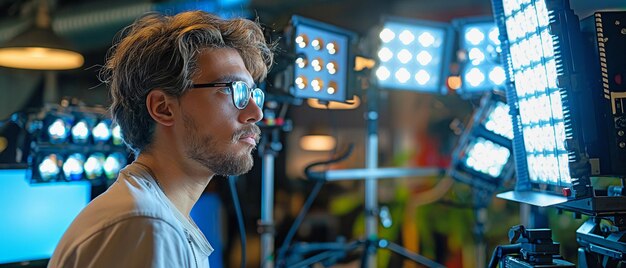 Ein Mann baut robuste zeitgenössische LED-Video- und Foto-Beleuchtung