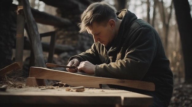 Ein Mann bearbeitet ein Stück Holz.