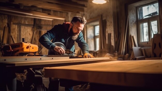 Ein Mann bearbeitet in einer Werkstatt ein Stück Holz.