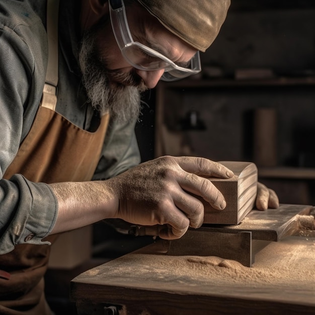 Ein Mann bearbeitet mit einer Brille ein Stück Holz.