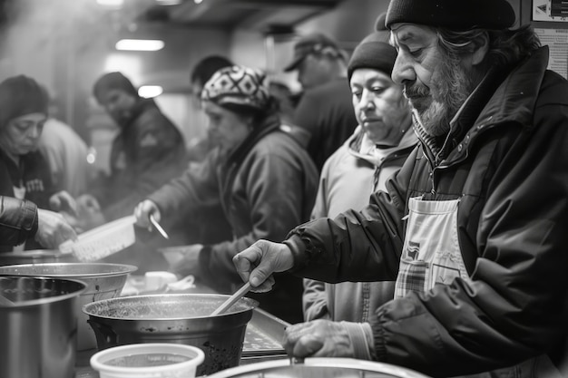 Ein Mann bedient Obdachlose mit Mahlzeiten im Unterkunft