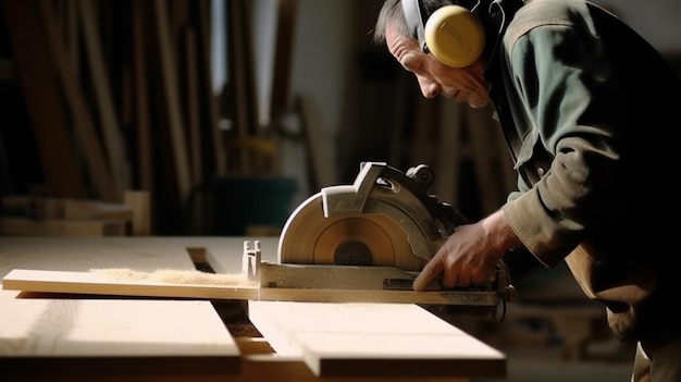 Ein Mann benutzt eine Kreissäge, um Holz zu schneiden