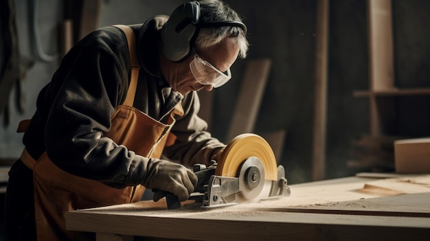 Ein Mann benutzt eine Kreissäge, um Holz zu schneiden