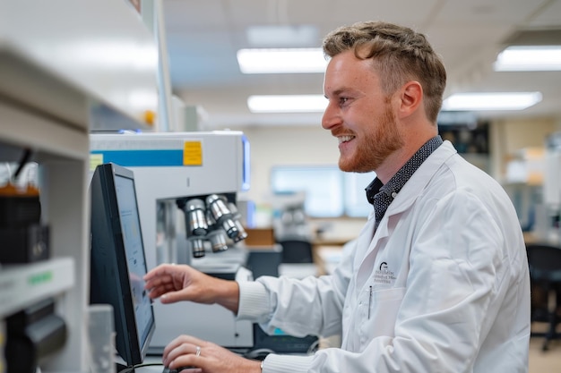 ein Mann benutzt einen Computer in einem Labor mit einem Labormantel