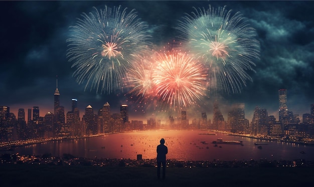 Ein Mann betrachtet ein Feuerwerk vor der Skyline einer Stadt.