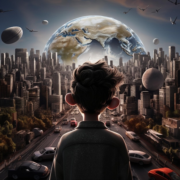 Ein Mann betrachtet einen Planeten, auf dem sich die Erde befindet.