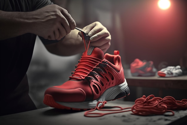 Ein Mann bindet einen roten Schuh mit dem Markennamen Rakuten darauf.