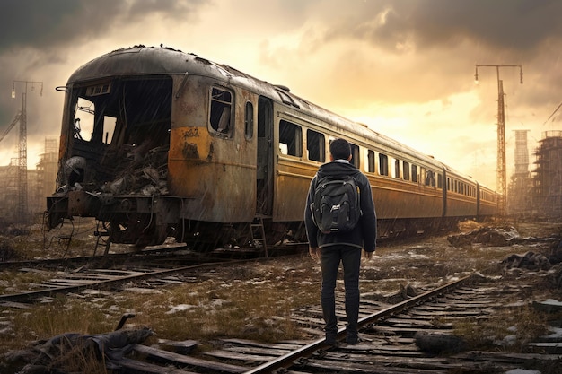 Ein Mann blickt auf einen Zug mit dunklem Himmel im Hintergrund