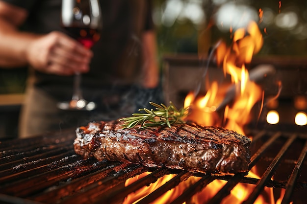 Ein Mann bratet ein Rib-Eye-Steak am Grillfeuer und trinkt Rotwein