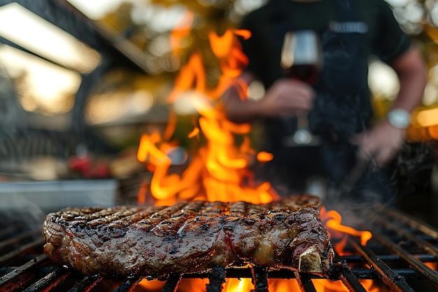 Ein Mann bratet ein Rib-Eye-Steak am Grillfeuer und trinkt Rotwein