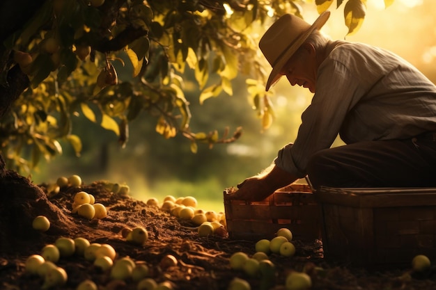 Ein Mann bringt bei Sonnenaufgang Äpfel auf einen Apfelbaum