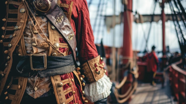 Ein Mann, der als Pirat gekleidet ist, steht stolz auf einem Boot, das vom riesigen Ozean umgeben ist