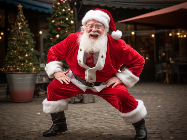 Ein Mann, der als Weihnachtsmann gekleidet ist, in einer spielerischen Pose auf einem festen Hintergrund