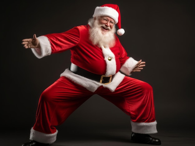 Ein Mann, der als Weihnachtsmann gekleidet ist, in einer spielerischen Pose auf einem festen Hintergrund