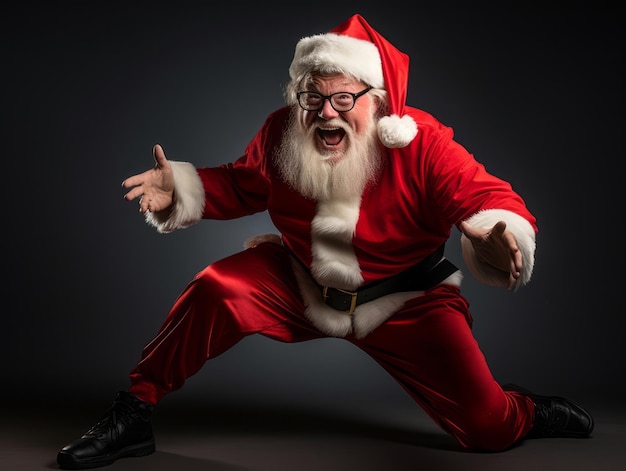 Ein Mann, der als Weihnachtsmann gekleidet ist, in einer spielerischen Pose auf einem festen Hintergrund