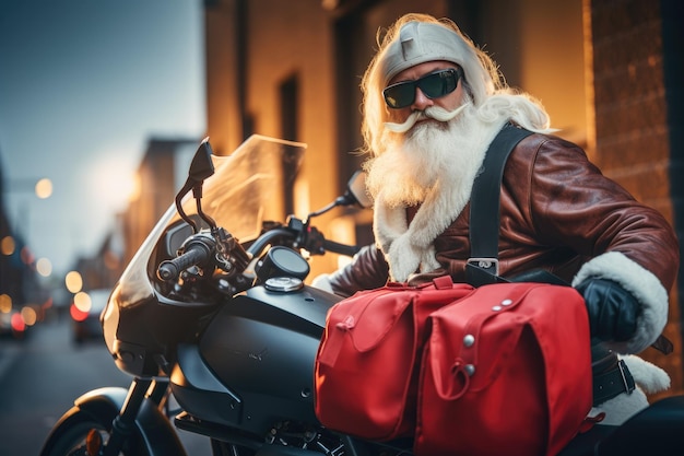 Ein Mann, der als Weihnachtsmann verkleidet ist und ein Motorrad fährt