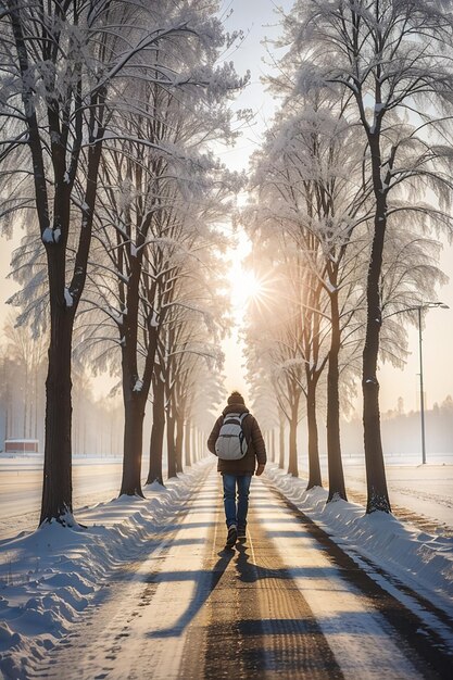 Ein Mann, der am Wintermorgen auf der Straße geht