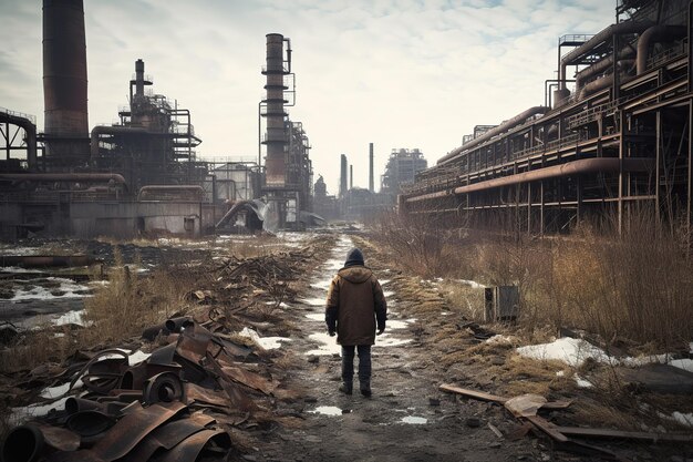 Ein Mann, der an alten, baufälligen Fabrikgebäuden spazieren geht, mit einem schlechten ökologischen Konzept.