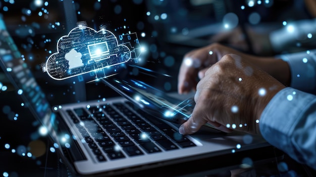 Ein Mann, der an einem Laptop arbeitet, mit einer Wolke im Hintergrund