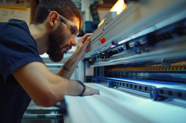 Foto ein mann, der an einer maschine in einer fabrik arbeitet, geeignet für industrielle konzepte