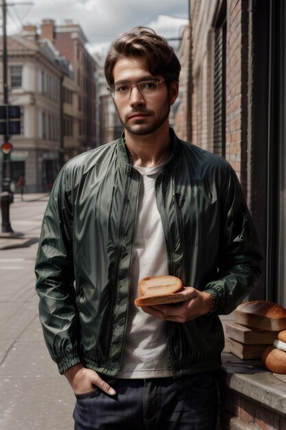 ein Mann, der auf einem Bürgersteig steht und ein Sandwich in der Hand hält und mit einem ernsten Blick in die Kamera schaut