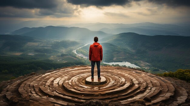 Ein Mann, der auf einem Ziel eines Bergspitzes steht