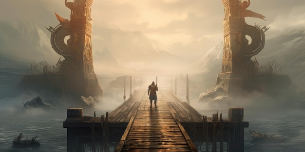 Ein Mann, der auf einer Brücke mit einem großen Steinbogen im Hintergrund läuft.