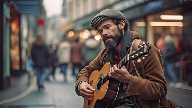 Ein Mann, der auf einer Straße Gitarre spielt