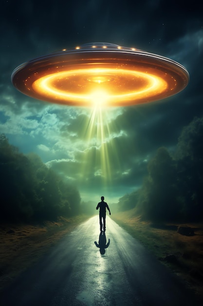 Ein Mann, der auf einer Straße läuft, mit einem UFO über ihm