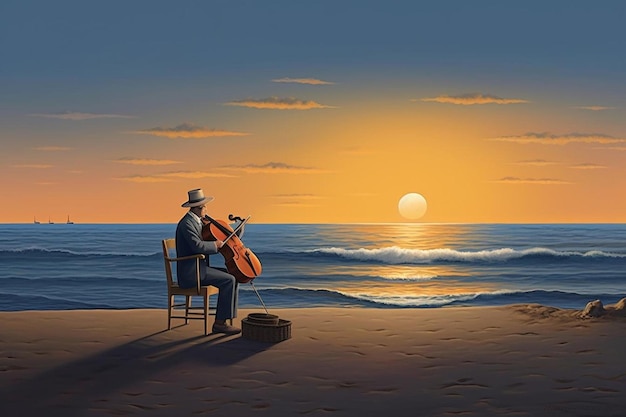 Ein Mann, der bei Sonnenuntergang am Strand Geige spielt
