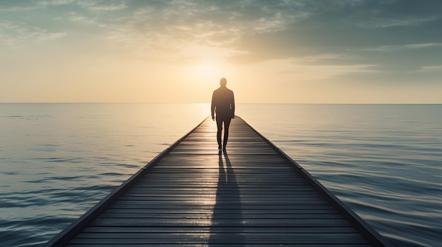 Foto ein mann, der bei sonnenuntergang auf einem pier spazieren geht