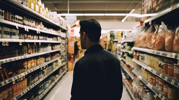 Ein Mann, der das beste Produkt im Supermarkt auswählt Generative ai