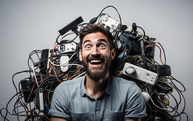 ein Mann, der den Draht und das Kabel auf dem weißen Hintergrund zeigt