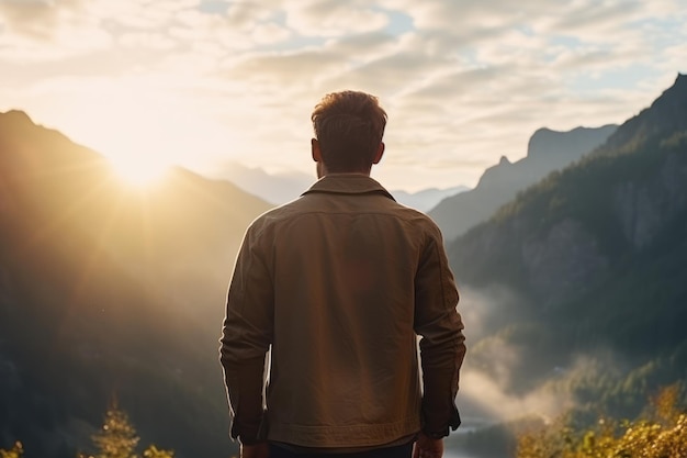 ein Mann, der die Sonne in den Bergen betrachtet, von hinten aus