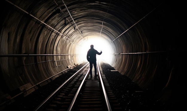 Ein Mann, der durch einen schwach beleuchteten Tunnel geht. Schaffen mit generativen KI-Tools