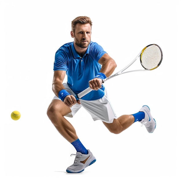 ein Mann, der ein blaues Hemd mit dem Wort Tennis trägt